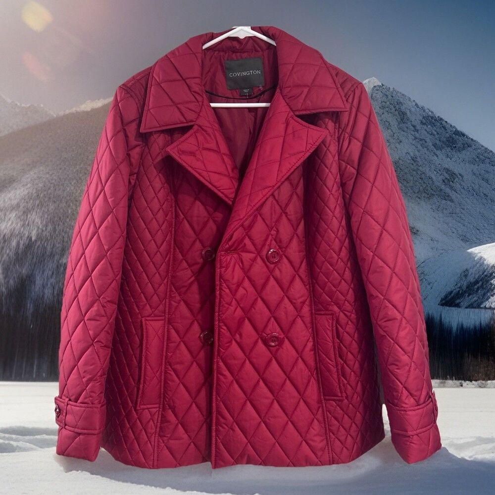 Covington Women's Quilted Jacket Size Large Red Double Breasted Coat Excellent